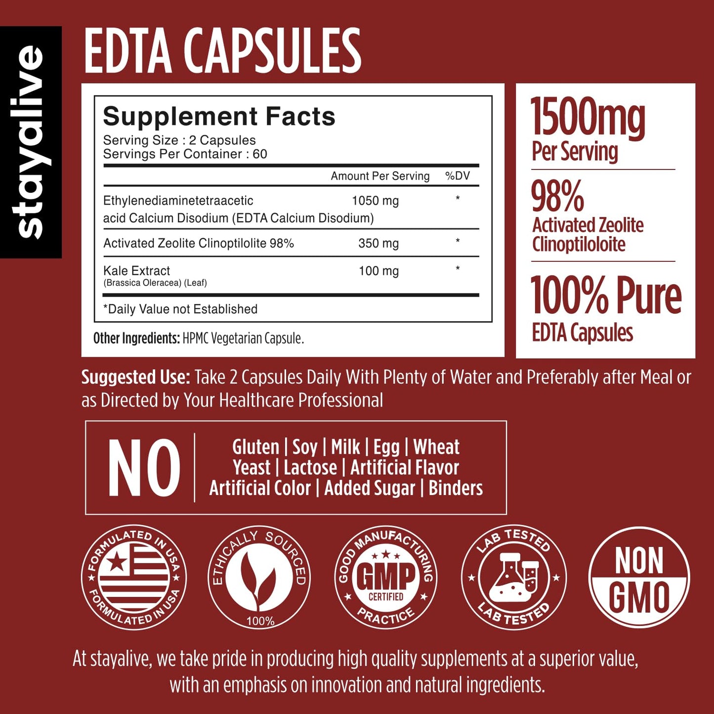 STAY ALIVE EDTA Capsules 1500mg with Zeolite 98% and Kale Extract Powder, 120 Pills, Non-GMO & Gluten Free Calcium Disodium EDTA Supplement - dailyvitalstore