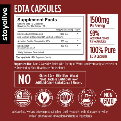 STAY ALIVE EDTA Capsules 1500mg with Zeolite 98% and Kale Extract Powder, 120 Pills, Non-GMO & Gluten Free Calcium Disodium EDTA Supplement - dailyvitalstore