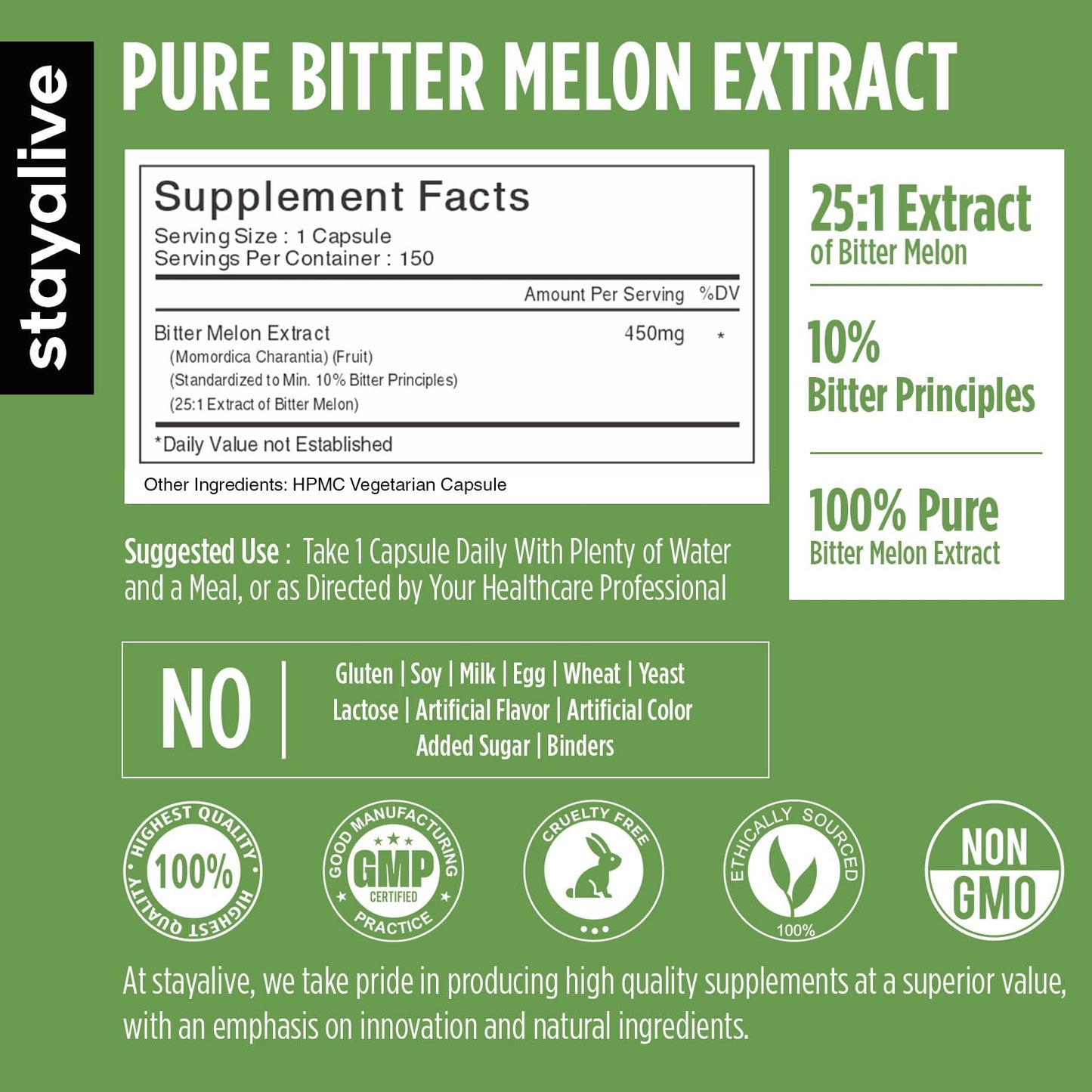 STAY ALIVE Extra Strength Bitter Melon Capsules, 10% Bitter Principles, 150 Pills, 25X Concentrated Powder, 5 Month Supply, Non-GMO & Gluten Free - dailyvitalstore