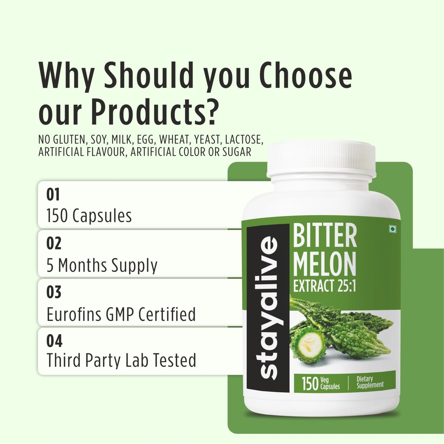 STAY ALIVE Extra Strength Bitter Melon Capsules, 10% Bitter Principles, 150 Pills, 25X Concentrated Powder, 5 Month Supply, Non-GMO & Gluten Free - dailyvitalstore
