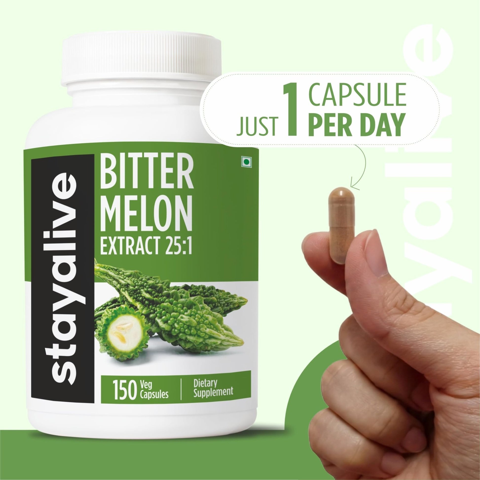 STAY ALIVE Extra Strength Bitter Melon Capsules, 10% Bitter Principles, 150 Pills, 25X Concentrated Powder, 5 Month Supply, Non-GMO & Gluten Free - dailyvitalstore