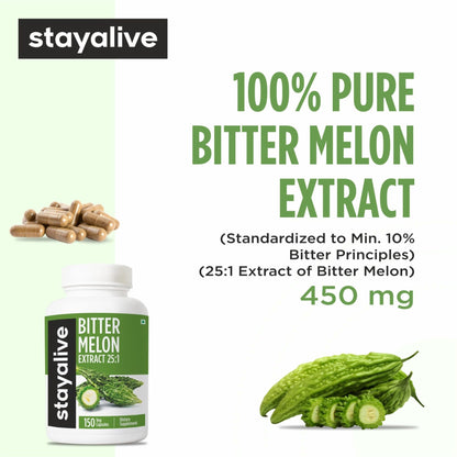 STAY ALIVE Extra Strength Bitter Melon Capsules, 10% Bitter Principles, 150 Pills, 25X Concentrated Powder, 5 Month Supply, Non-GMO & Gluten Free - dailyvitalstore