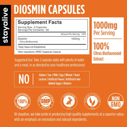 STAY ALIVE Pure Diosmin Complex 1000mg Formula, 120 Capsules, Citrus Bioflavonoids Rich Fruit Extract, 2 Month Supply, 100% Vegetarian, Non-GMO & Gluten Free Diosmin Supplement - dailyvitalstore