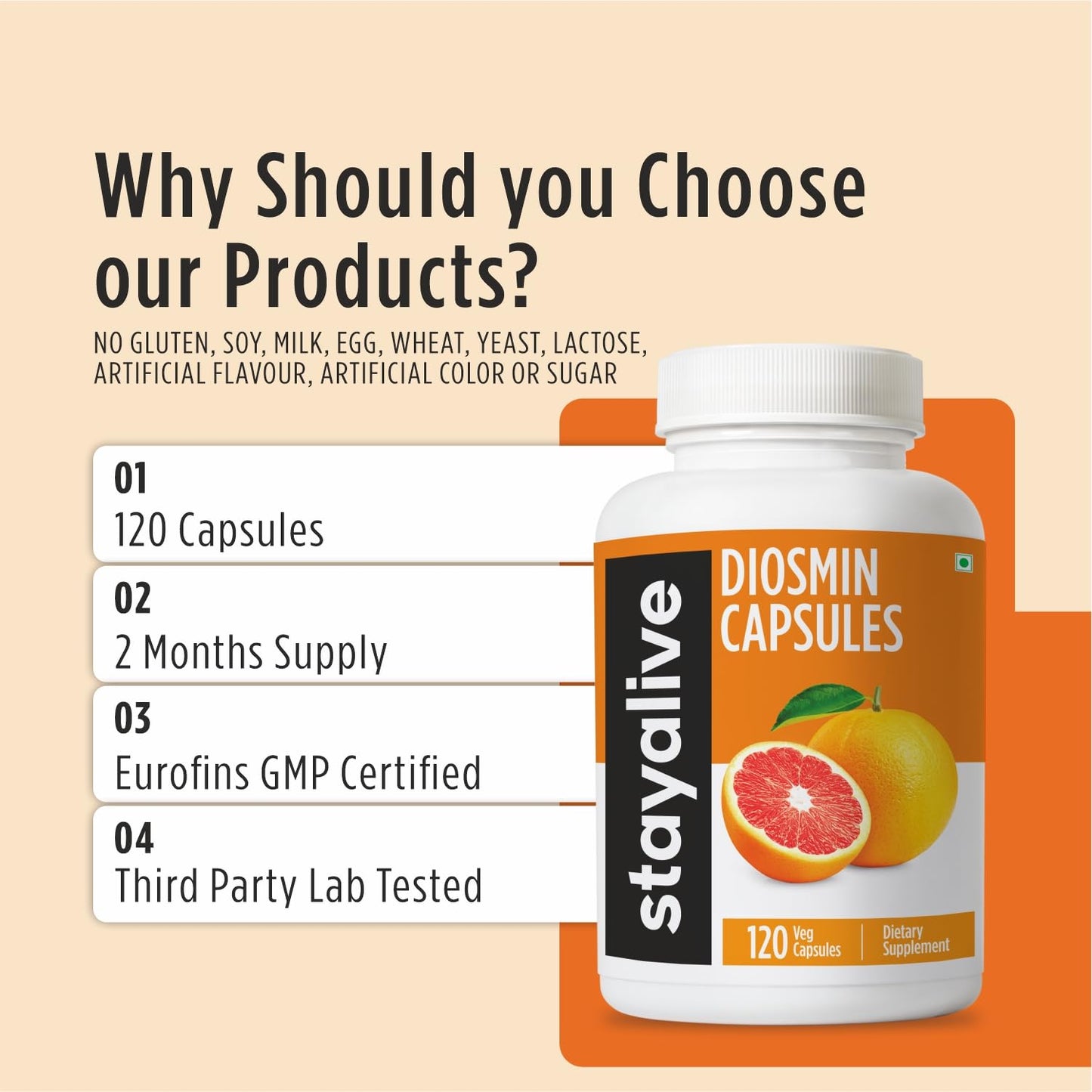 STAY ALIVE Pure Diosmin Complex 1000mg Formula, 120 Capsules, Citrus Bioflavonoids Rich Fruit Extract, 2 Month Supply, 100% Vegetarian, Non-GMO & Gluten Free Diosmin Supplement - dailyvitalstore