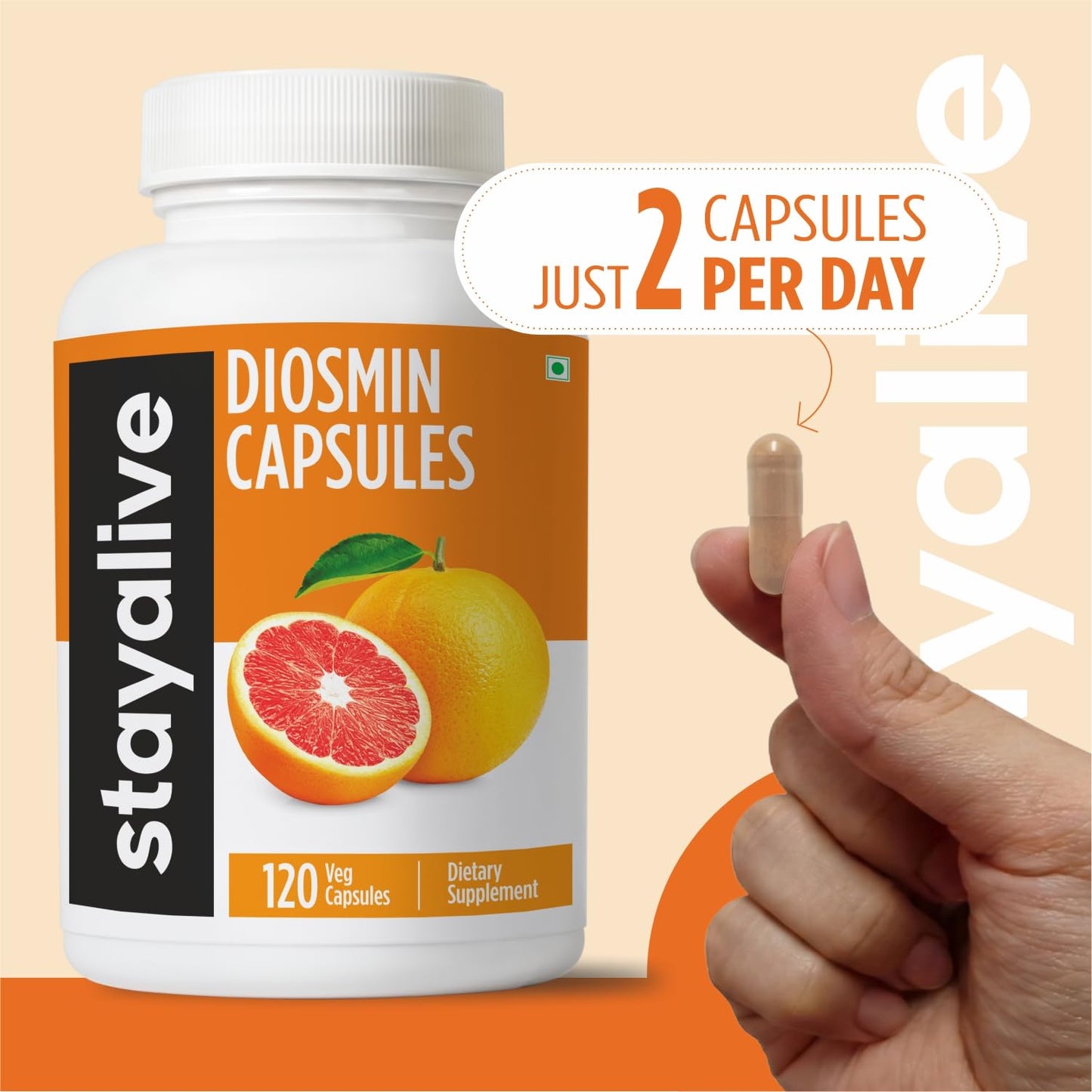 STAY ALIVE Pure Diosmin Complex 1000mg Formula, 120 Capsules, Citrus Bioflavonoids Rich Fruit Extract, 2 Month Supply, 100% Vegetarian, Non-GMO & Gluten Free Diosmin Supplement - dailyvitalstore