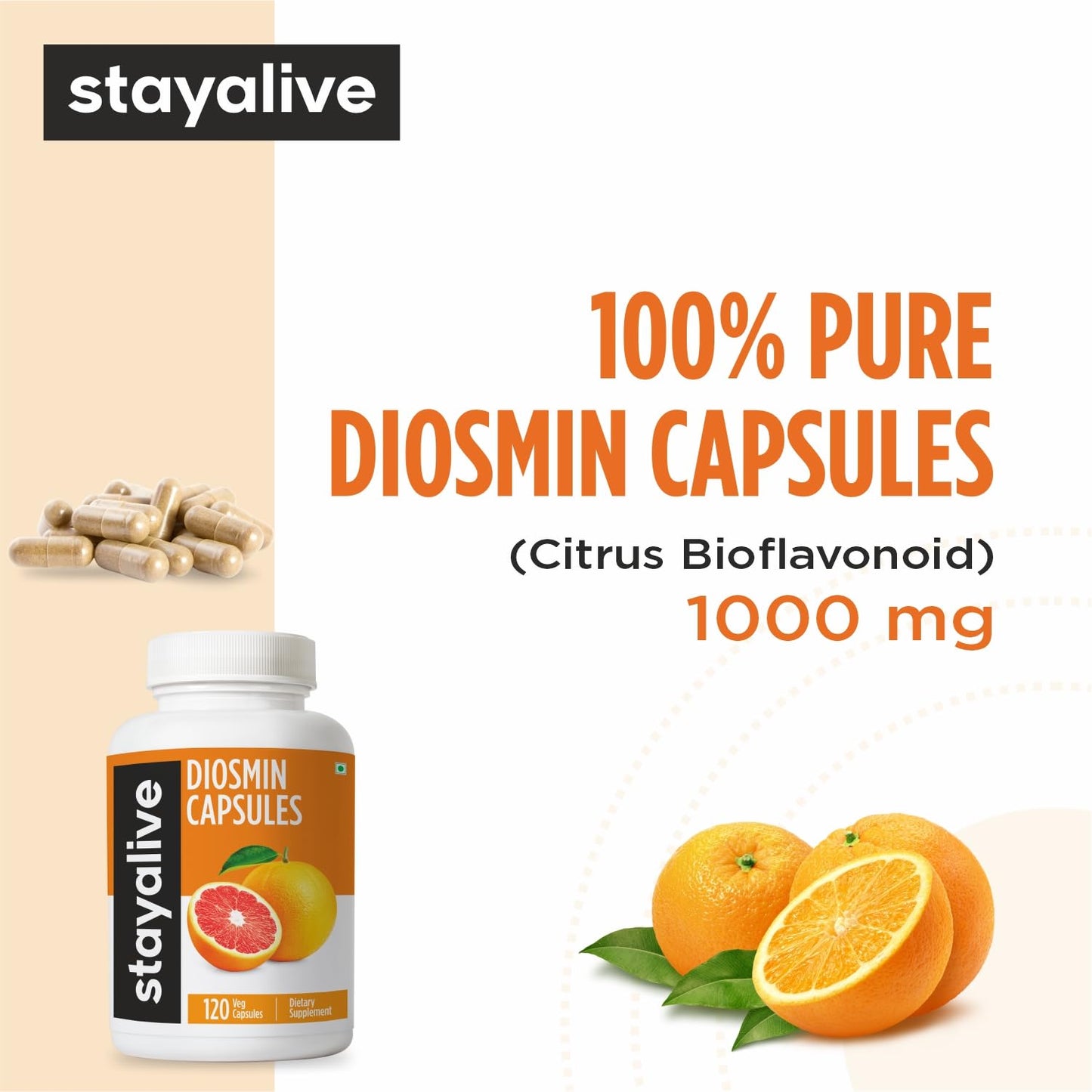 STAY ALIVE Pure Diosmin Complex 1000mg Formula, 120 Capsules, Citrus Bioflavonoids Rich Fruit Extract, 2 Month Supply, 100% Vegetarian, Non-GMO & Gluten Free Diosmin Supplement - dailyvitalstore