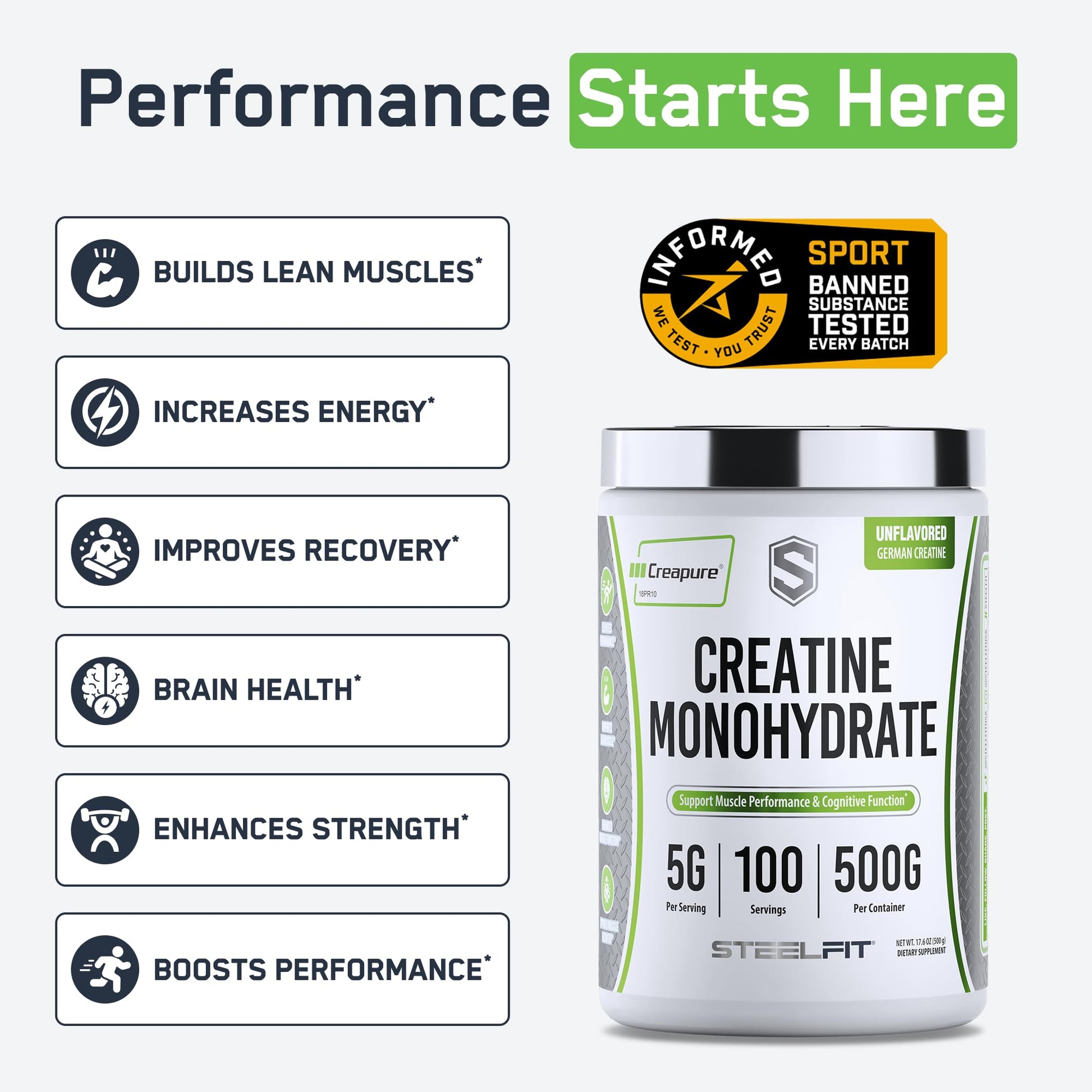 SteelFit Creapure Creatine Monohydrate Powder, Unflavored - German Micronized Creatine Powder for Men & Women - Gym Workout Nutritional Supplements for Muscle Gain - dailyvitalstore