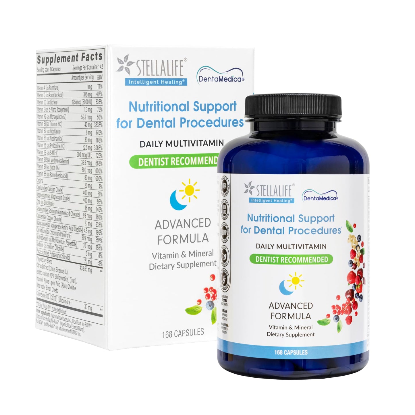 StellaLife DentaMedica Vegan Daily Multivitamin Nutritional Support for Faster Dental Surgery Recovery, VIT D3 K2 C B Zinc CoQ10 Magnesium, Healthy Bones & Gums, Non-GMO, GMP USA, 168 Capsules - dailyvitalstore