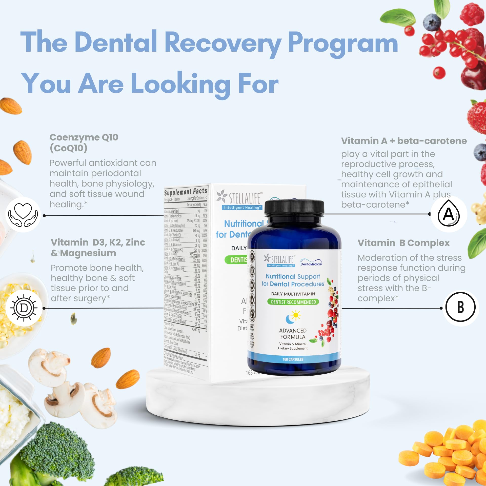 StellaLife DentaMedica Vegan Daily Multivitamin Nutritional Support for Faster Dental Surgery Recovery, VIT D3 K2 C B Zinc CoQ10 Magnesium, Healthy Bones & Gums, Non-GMO, GMP USA, 168 Capsules - dailyvitalstore