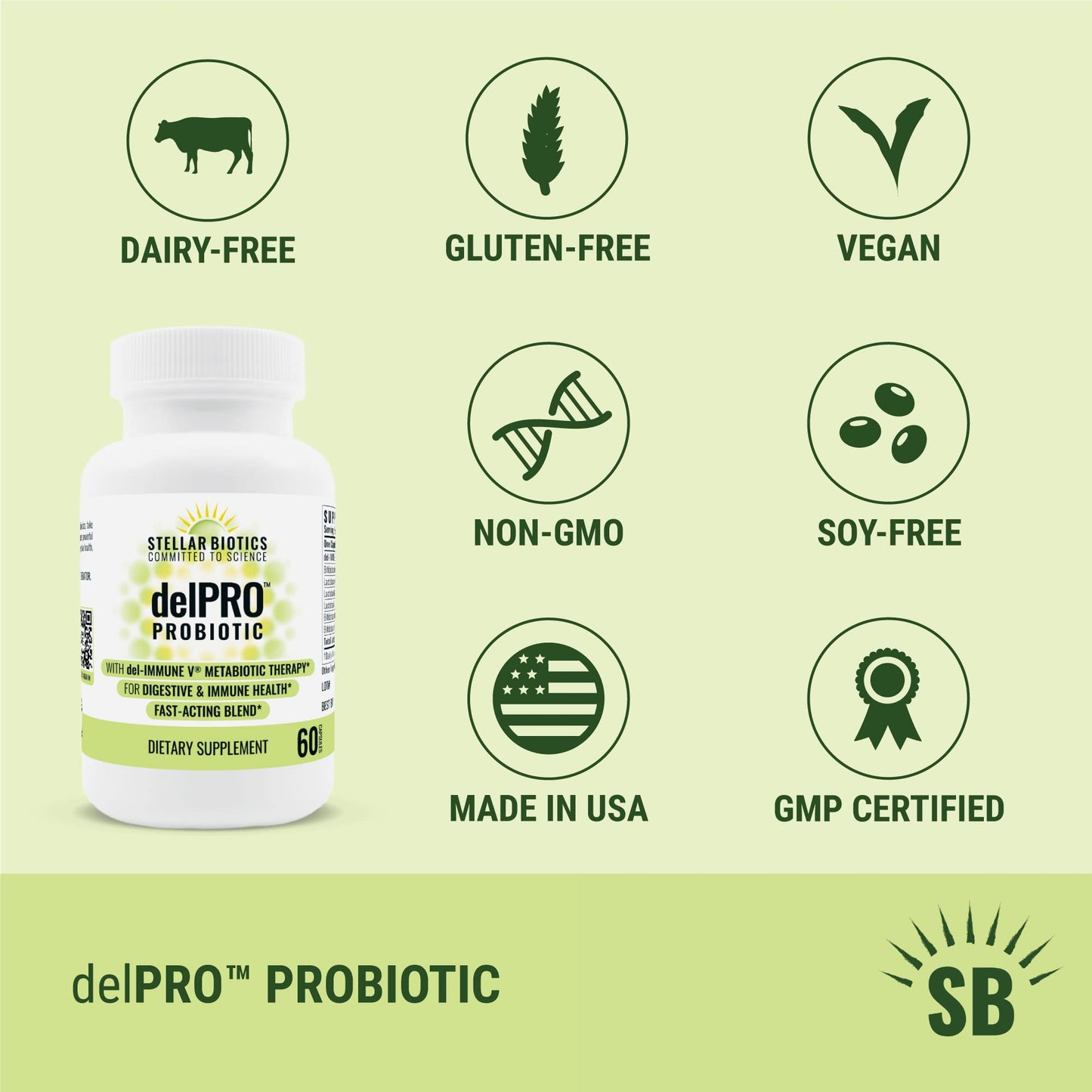 Stellar Biotics - Delpro Probiotic (+ Del-Immune V & Prebiotic Blend) Promotes Optimal Gut Health, Digestion, Immune Support & Mood (60 Capsules) - dailyvitalstore