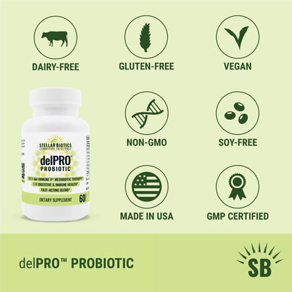 Stellar Biotics - Delpro Probiotic (+ Del-Immune V & Prebiotic Blend) Promotes Optimal Gut Health, Digestion, Immune Support & Mood (60 Capsules) - dailyvitalstore