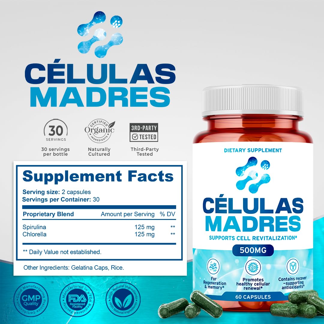 Stem Cell Supplements 500mg (60 Cap) Natural Anti-Aging & Longevity Support with Spirulina & Chlorella, Boost Cellular Renewal, Restore Youthful Energy, Reduce Joint Soreness – Celulas Madre - dailyvitalstore