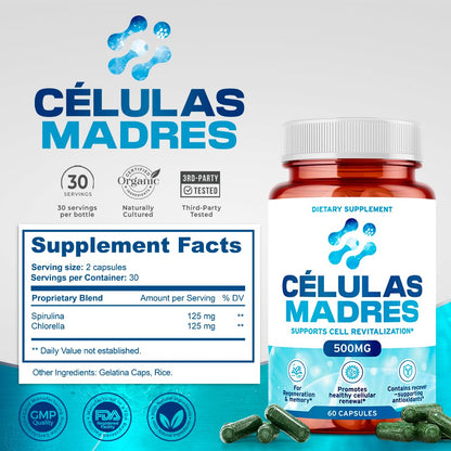 Stem Cell Supplements 500mg (60 Cap) Natural Anti-Aging & Longevity Support with Spirulina & Chlorella, Boost Cellular Renewal, Restore Youthful Energy, Reduce Joint Soreness – Celulas Madre - dailyvitalstore