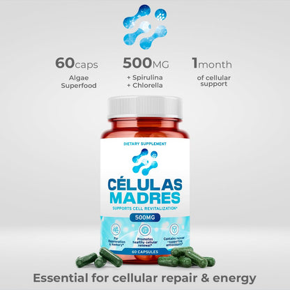 Stem Cell Supplements 500mg (60 Cap) Natural Anti-Aging & Longevity Support with Spirulina & Chlorella, Boost Cellular Renewal, Restore Youthful Energy, Reduce Joint Soreness – Celulas Madre - dailyvitalstore