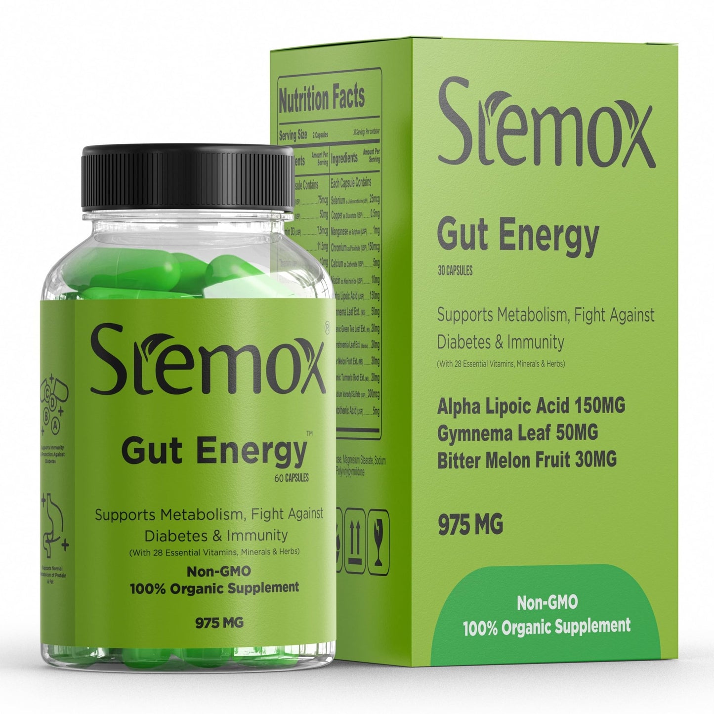 Stemox Gut Energy – Natural Energy & Metabolism Support Supplement with Biotin, Chromium, Alpha Lipoic Acid & Organic Herbal Extracts – Blood Sugar & Gut Health Support – 60 Vegan Capsules - dailyvitalstore