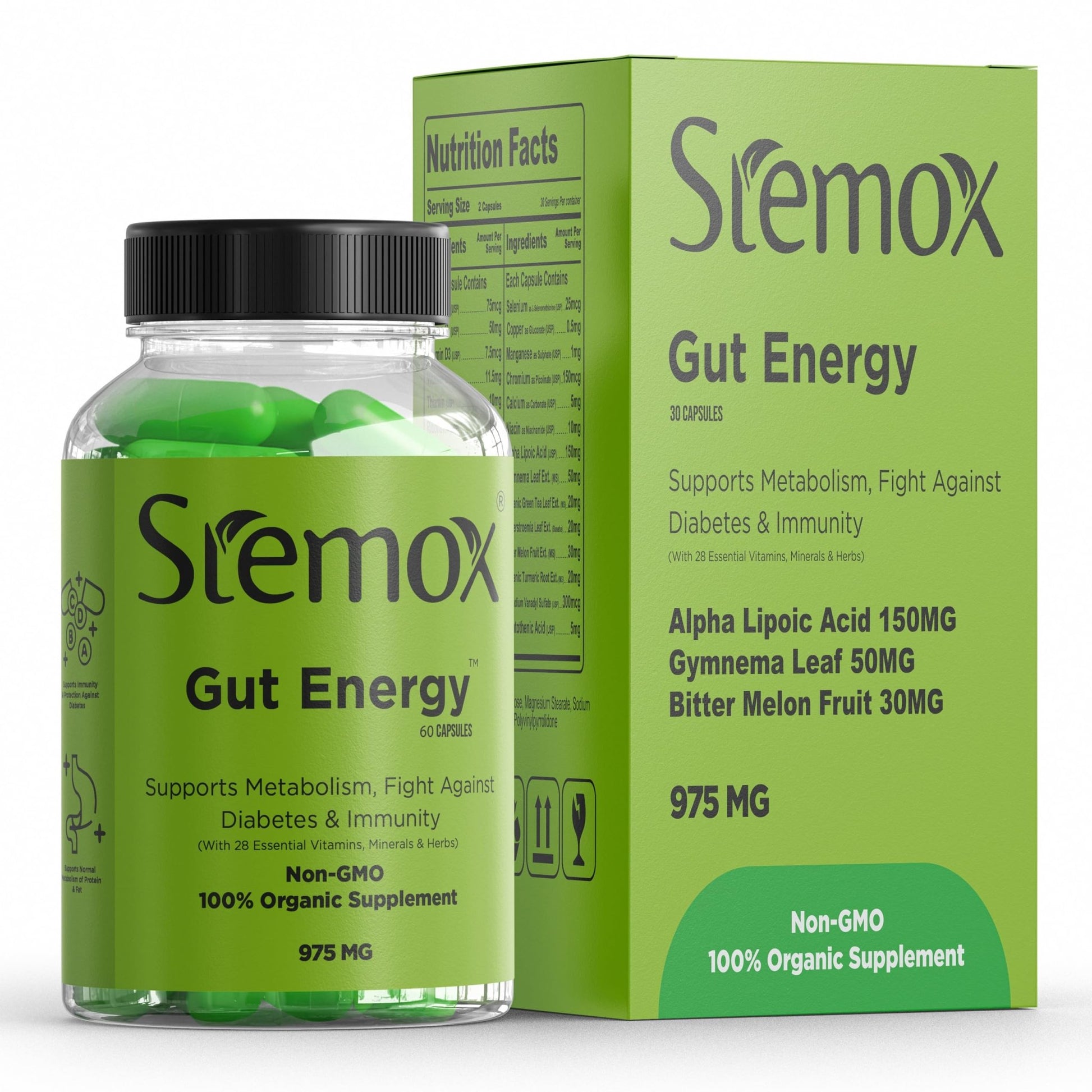 Stemox Gut Energy – Natural Energy & Metabolism Support Supplement with Biotin, Chromium, Alpha Lipoic Acid & Organic Herbal Extracts – Blood Sugar & Gut Health Support – 60 Vegan Capsules - dailyvitalstore
