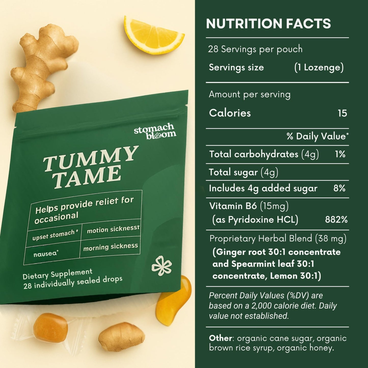 Stomach Bloom Fast-Acting Ginger for Nausea Relief | Herbal Relief for Pregnancy Nausea and Morning & Motion Sickness | Ginger, Lemon, Spearmint & B6. 28 Individually Sealed Drops. - dailyvitalstore