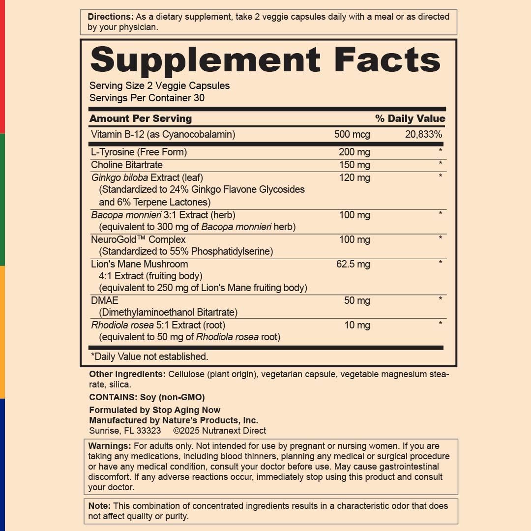 Stop Aging Now - Brain Supplement Complex - with Ginkgo Biloba, Lion's Mane, Bacopa, and DMAE - 60 Vegetarian Capsules - Advanced Blend - dailyvitalstore