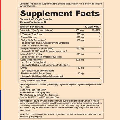 Stop Aging Now - Brain Supplement Complex - with Ginkgo Biloba, Lion's Mane, Bacopa, and DMAE - 60 Vegetarian Capsules - Advanced Blend - dailyvitalstore