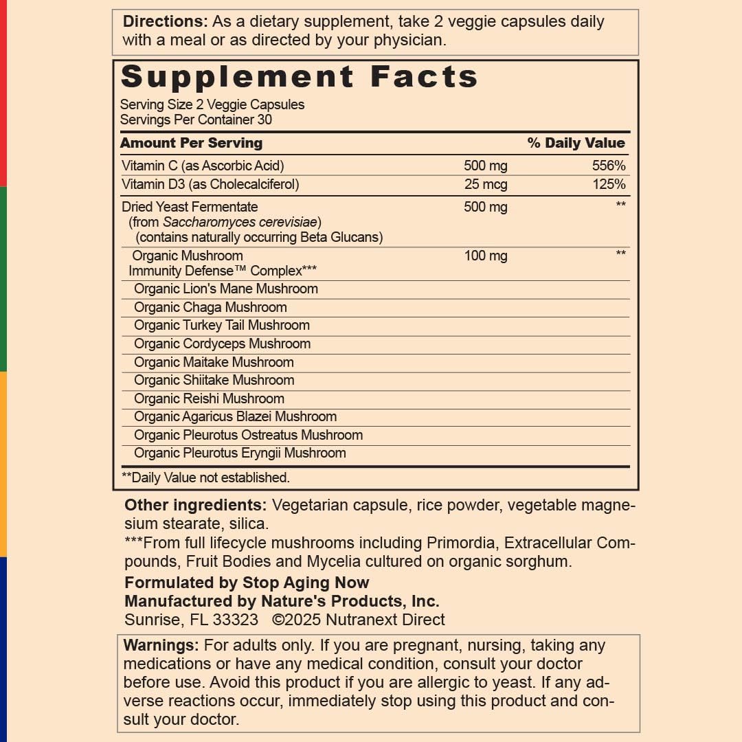 Stop Aging Now - Immune Support - with Vitamin C, Vitamin D3 and Mushroom Complex - 60 Vegetarian Capsules - dailyvitalstore