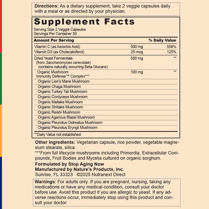 Stop Aging Now - Immune Support - with Vitamin C, Vitamin D3 and Mushroom Complex - 60 Vegetarian Capsules - dailyvitalstore