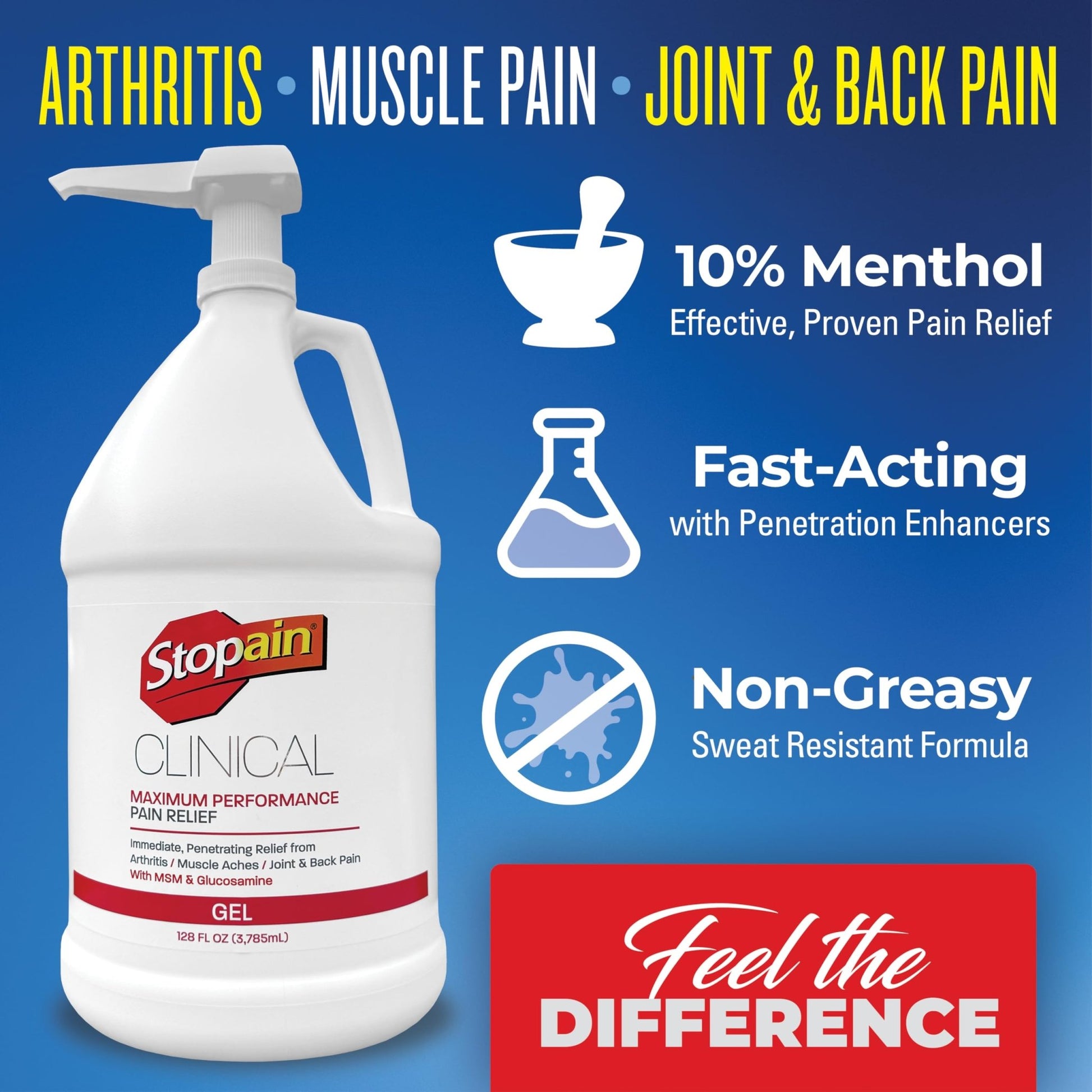 Stopain Clinical Pain Relief Gel 1 Gallon - Professional Formula for Arthritis, Knee, Back & Muscle Pain - Maximum Strength Gel for Joint & Nerve Pains with 10% Menthol Plus Glucosamine - Made in USA - dailyvitalstore