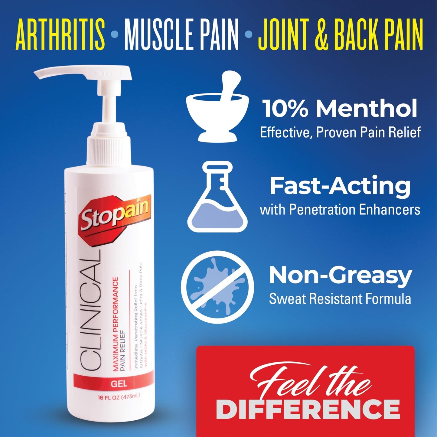 Stopain Clinical Pain Relief Gel 16 oz - Professional Formula for Arthritis, Knee, Back & Muscle Pain - Maximum Strength Gel for Joint & Nerve Pains with 10% Menthol Plus Glucosamine - Made in USA - dailyvitalstore