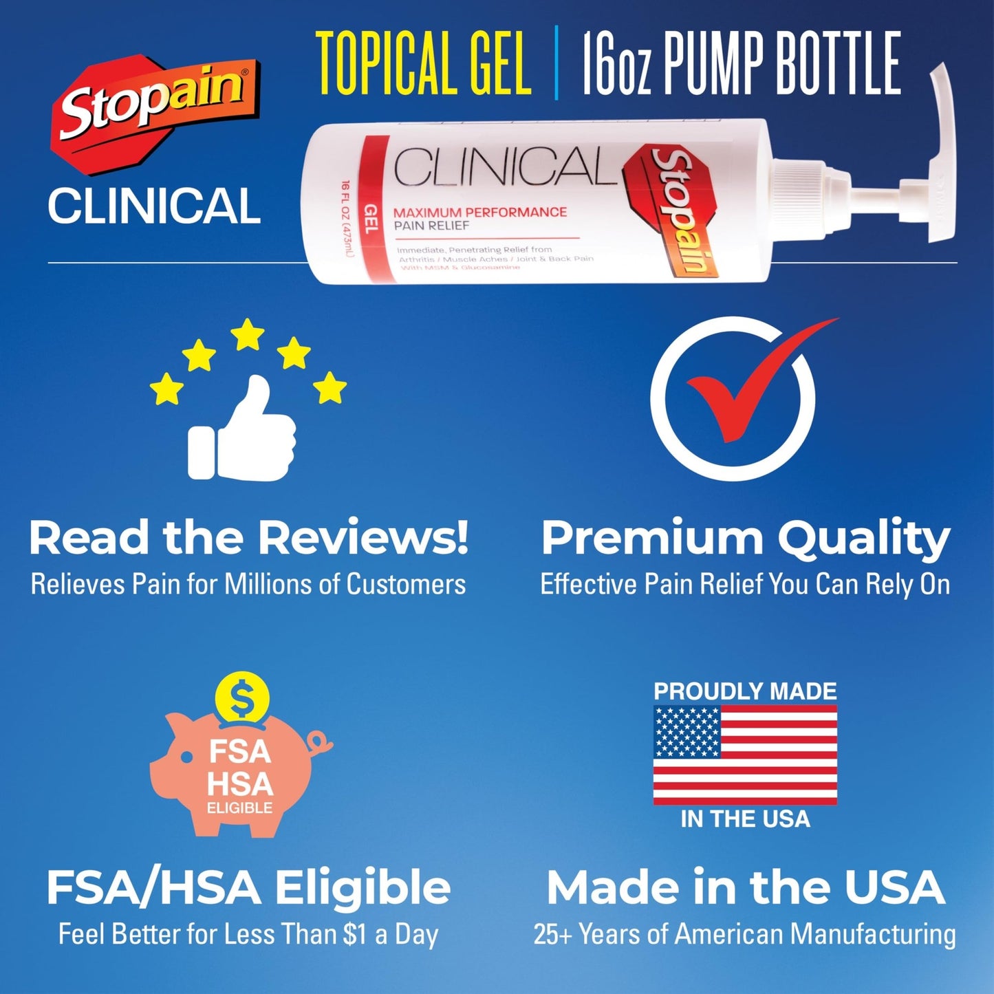 Stopain Clinical Pain Relief Gel 16 oz - Professional Formula for Arthritis, Knee, Back & Muscle Pain - Maximum Strength Gel for Joint & Nerve Pains with 10% Menthol Plus Glucosamine - Made in USA - dailyvitalstore