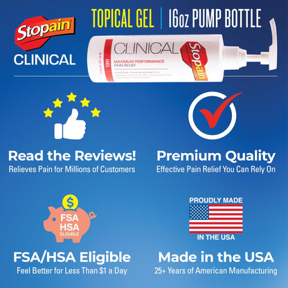 Stopain Clinical Pain Relief Gel 16 oz - Professional Formula for Arthritis, Knee, Back & Muscle Pain - Maximum Strength Gel for Joint & Nerve Pains with 10% Menthol Plus Glucosamine - Made in USA - dailyvitalstore