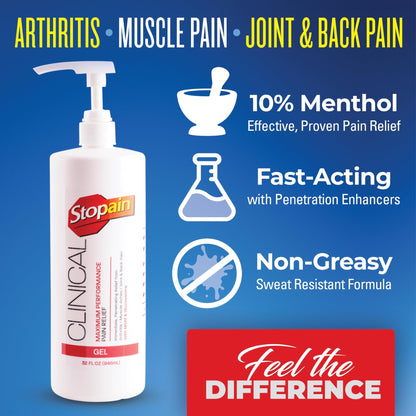 Stopain Clinical Pain Relief Gel 32 oz - Professional Formula for Arthritis, Knee, Back & Muscle Pain - Maximum Strength Gel for Joint & Nerve Pains with 10% Menthol Plus Glucosamine - Made in USA - dailyvitalstore