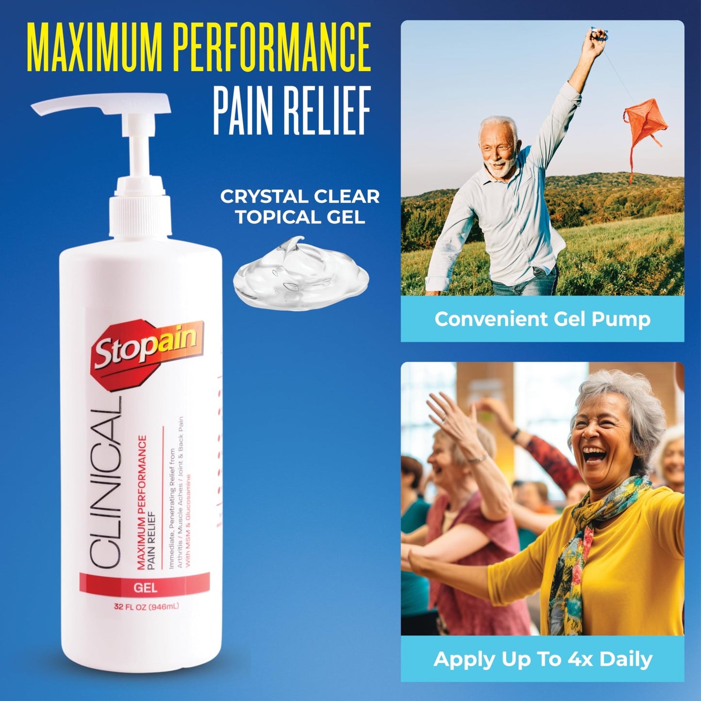 Stopain Clinical Pain Relief Gel 32 oz - Professional Formula for Arthritis, Knee, Back & Muscle Pain - Maximum Strength Gel for Joint & Nerve Pains with 10% Menthol Plus Glucosamine - Made in USA - dailyvitalstore