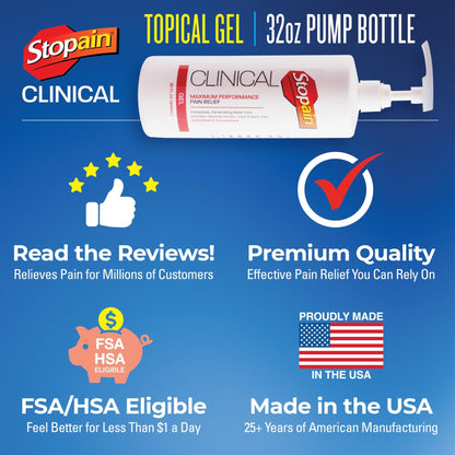 Stopain Clinical Pain Relief Gel 32 oz - Professional Formula for Arthritis, Knee, Back & Muscle Pain - Maximum Strength Gel for Joint & Nerve Pains with 10% Menthol Plus Glucosamine - Made in USA - dailyvitalstore