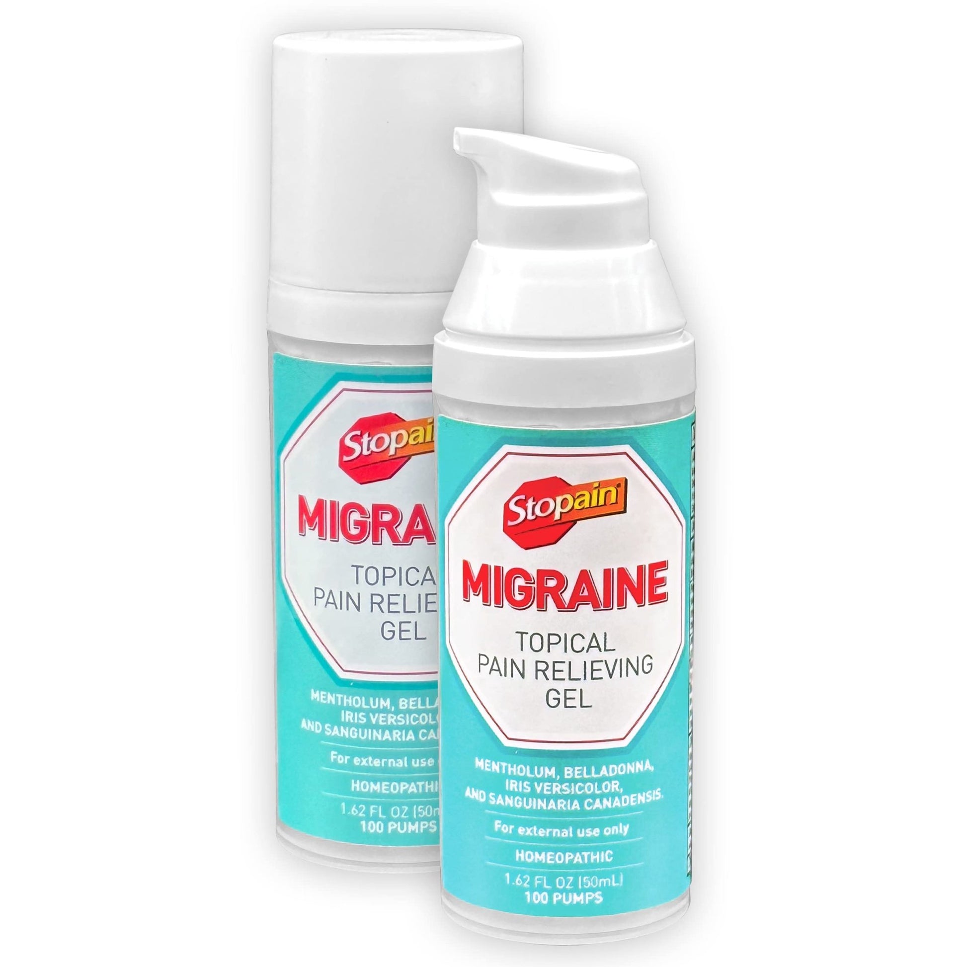 Stopain Migraine Pain Relief Gel Pump, 1.62oz (2 Pack), USA Made, Max Strength Fast Acting Research Proven Effective Topical, No Known Side Effects or Drug Interactions, HSA FSA Approved Products - dailyvitalstore