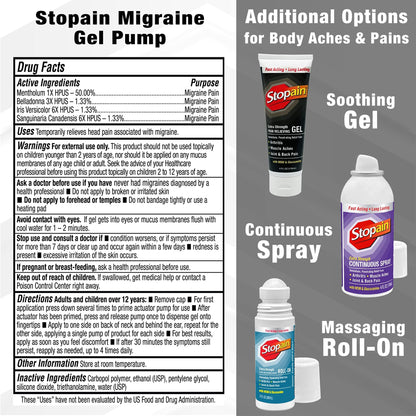 Stopain Migraine Pain Relief Gel Pump, 1.62oz (2 Pack), USA Made, Max Strength Fast Acting Research Proven Effective Topical, No Known Side Effects or Drug Interactions, HSA FSA Approved Products - dailyvitalstore
