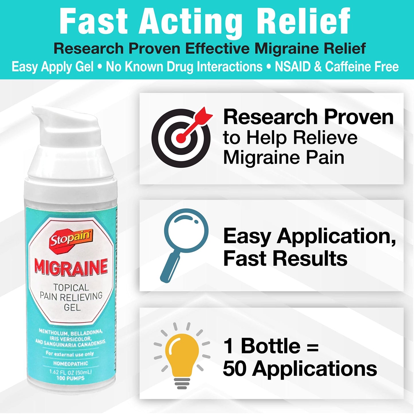 Stopain Migraine Pain Relief Gel Pump, 1.62oz (2 Pack), USA Made, Max Strength Fast Acting Research Proven Effective Topical, No Known Side Effects or Drug Interactions, HSA FSA Approved Products - dailyvitalstore