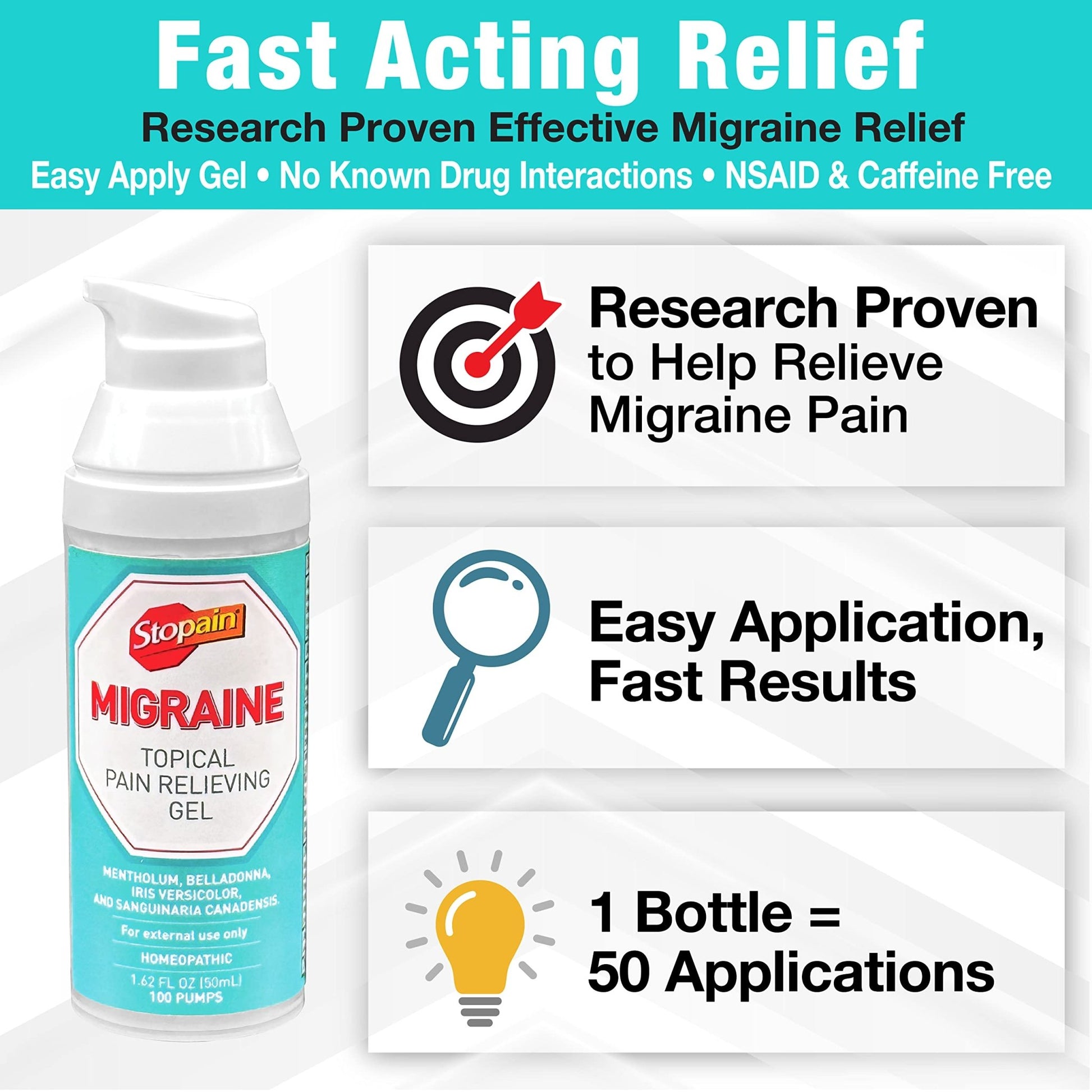 Stopain Migraine Pain Relief Gel Pump, 1.62oz (2 Pack), USA Made, Max Strength Fast Acting Research Proven Effective Topical, No Known Side Effects or Drug Interactions, HSA FSA Approved Products - dailyvitalstore