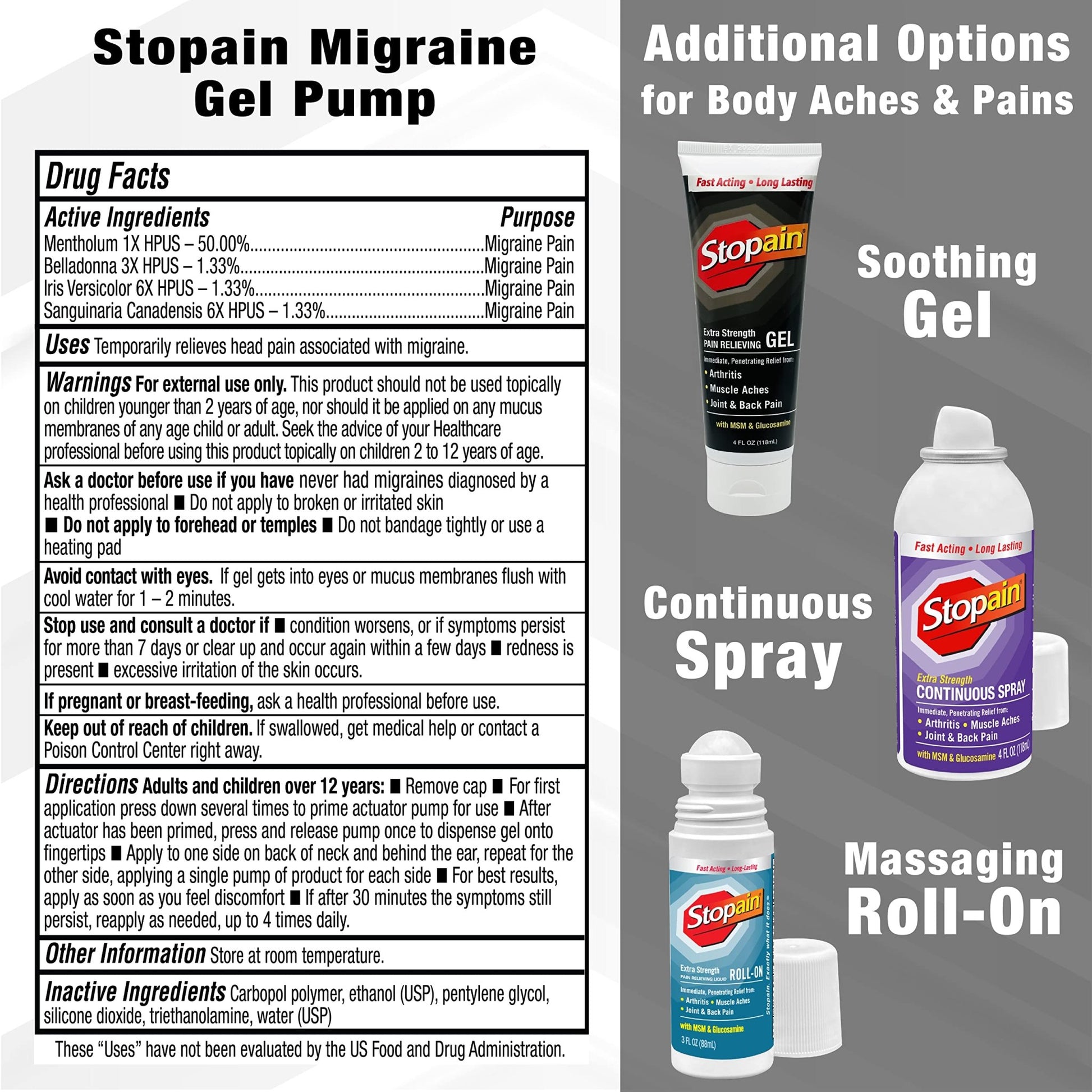 Stopain Migraine Pain Relief Gel Pump, 1.62oz, USA Made, Max Strength Fast Acting Research Proven Topical Effective at Any Stage, No Known Side Effects or Drug Interactions, HSA FSA Approved Products - dailyvitalstore