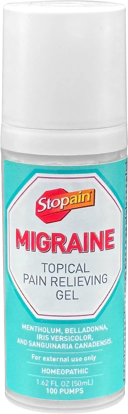 Stopain Migraine Pain Relief Gel Pump, 1.62oz, USA Made, Max Strength Fast Acting Research Proven Topical Effective at Any Stage, No Known Side Effects or Drug Interactions, HSA FSA Approved Products - dailyvitalstore