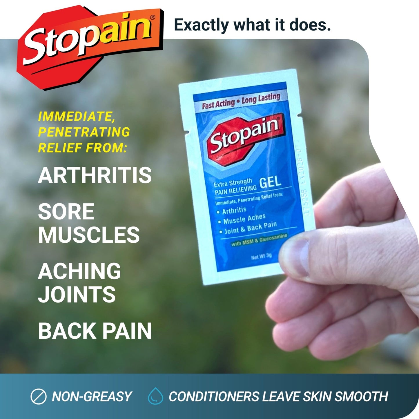 Stopain Pain Relief 3g Gel Packets, 100ct, 8% Menthol, Topical Pain Relief, Knee Pain Relief, Back Pain Relief, and Arthritis Pain Relief, Perfect for Workplace First Aid Cabinets, Made in USA - dailyvitalstore