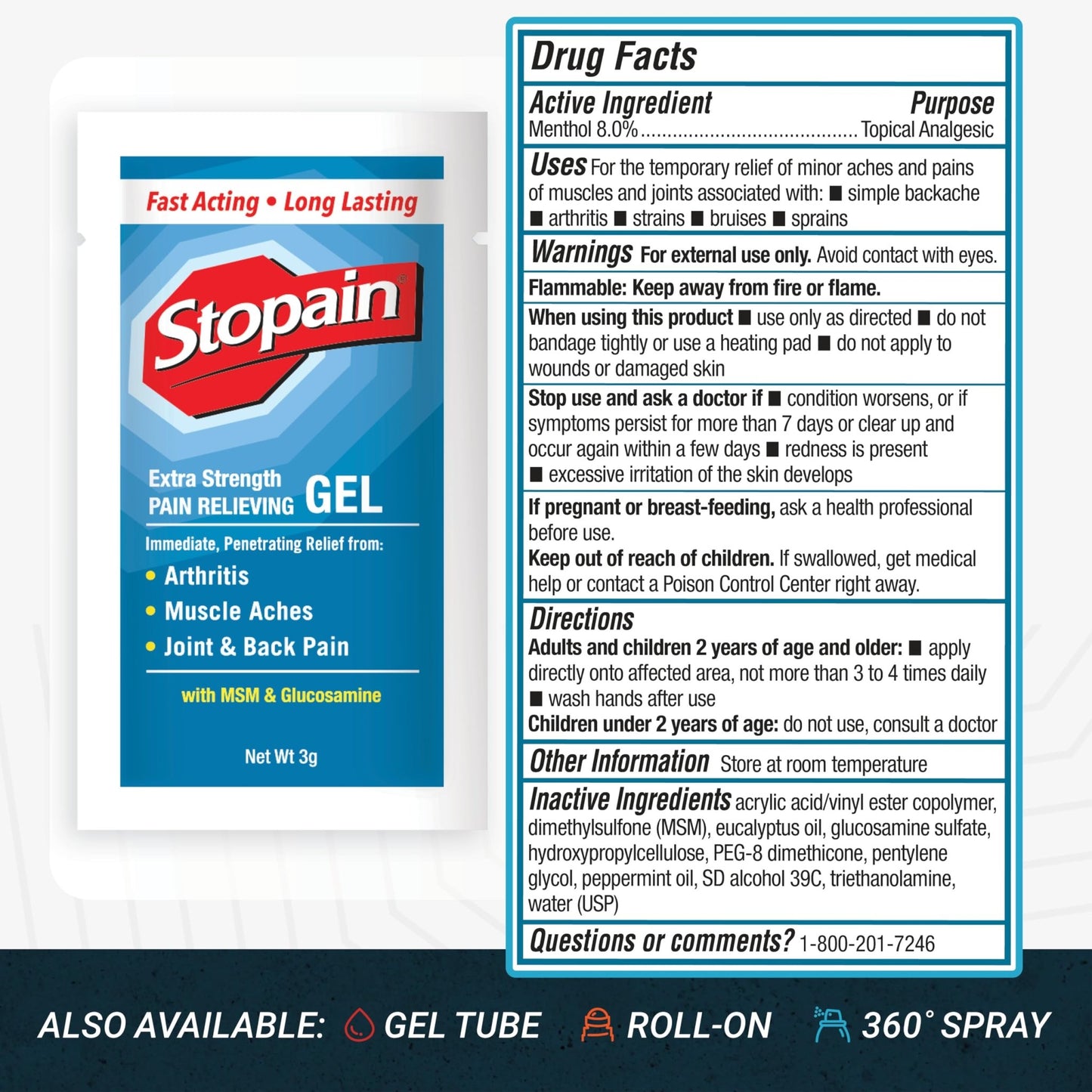 Stopain Pain Relief 3g Gel Packets, 100ct, 8% Menthol, Topical Pain Relief, Knee Pain Relief, Back Pain Relief, and Arthritis Pain Relief, Perfect for Workplace First Aid Cabinets, Made in USA - dailyvitalstore