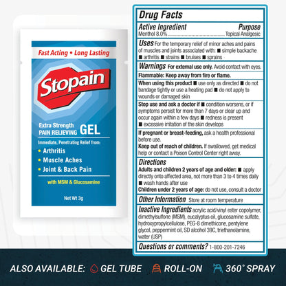 Stopain Pain Relief 3g Gel Packets, 100ct, 8% Menthol, Topical Pain Relief, Knee Pain Relief, Back Pain Relief, and Arthritis Pain Relief, Perfect for Workplace First Aid Cabinets, Made in USA - dailyvitalstore