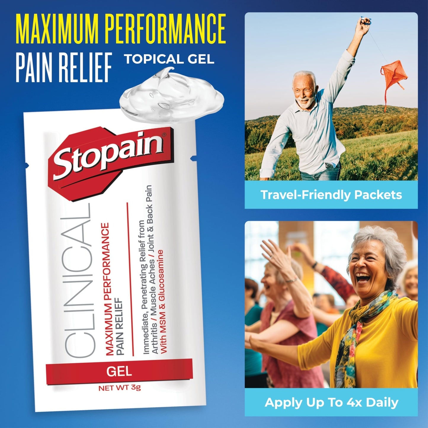 Stopain Pain Relief Clinical Gel Packets, 50 Pack, Made in USA, Maximum Performance Pain Relief with 10% Menthol Plus Glucosamine for Muscle Aches, Joint Pain, and Arthritis - dailyvitalstore