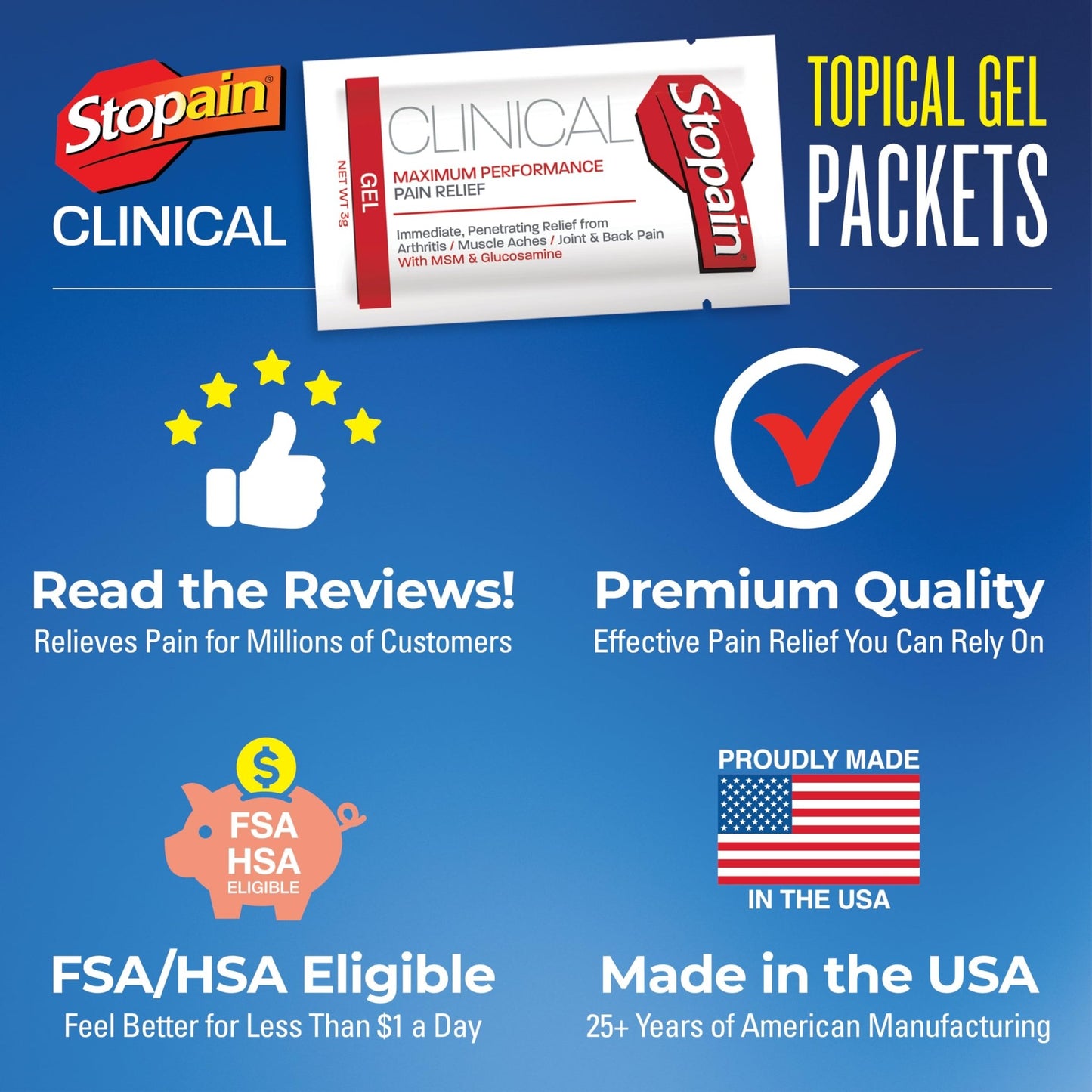Stopain Pain Relief Clinical Gel Packets, 50 Pack, Made in USA, Maximum Performance Pain Relief with 10% Menthol Plus Glucosamine for Muscle Aches, Joint Pain, and Arthritis - dailyvitalstore