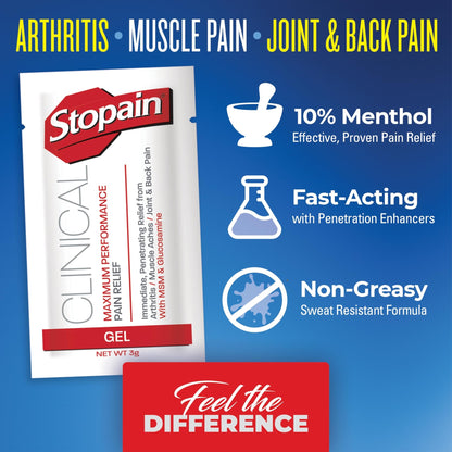 Stopain Pain Relief Clinical Gel Packets, 50 Pack, Made in USA, Maximum Performance Pain Relief with 10% Menthol Plus Glucosamine for Muscle Aches, Joint Pain, and Arthritis - dailyvitalstore