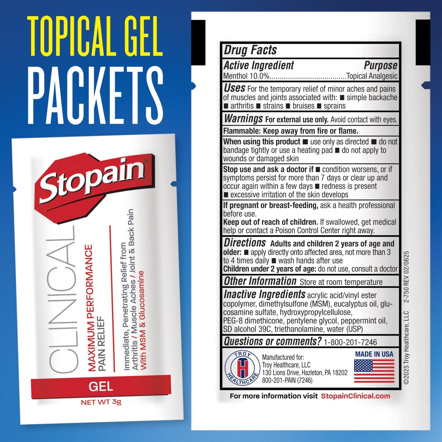Stopain Pain Relief Clinical Gel Packets, 50 Pack, Made in USA, Maximum Performance Pain Relief with 10% Menthol Plus Glucosamine for Muscle Aches, Joint Pain, and Arthritis - dailyvitalstore