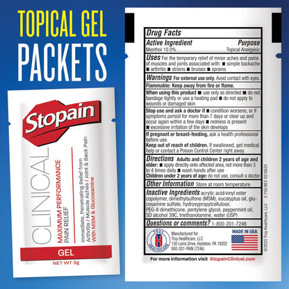 Stopain Pain Relief Clinical Gel Packets, 50 Pack, Made in USA, Maximum Performance Pain Relief with 10% Menthol Plus Glucosamine for Muscle Aches, Joint Pain, and Arthritis - dailyvitalstore