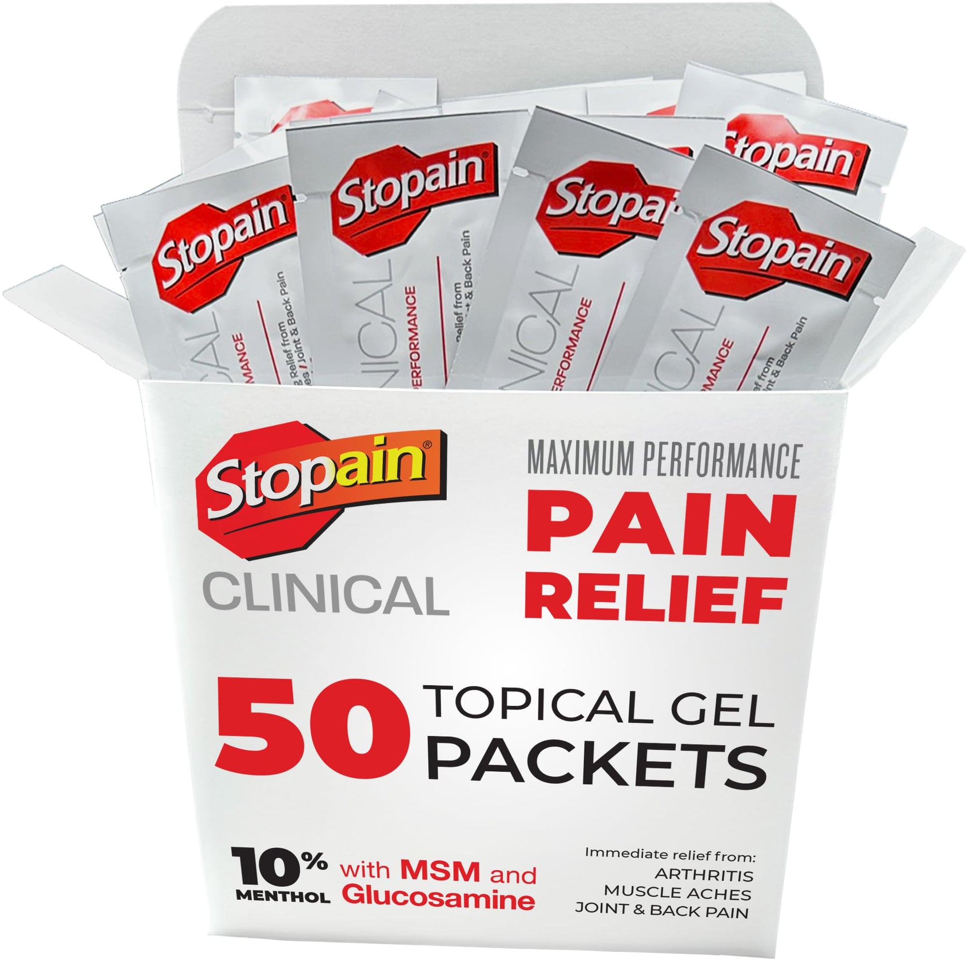 Stopain Pain Relief Clinical Gel Packets, 50 Pack, Made in USA, Maximum Performance Pain Relief with 10% Menthol Plus Glucosamine for Muscle Aches, Joint Pain, and Arthritis - dailyvitalstore