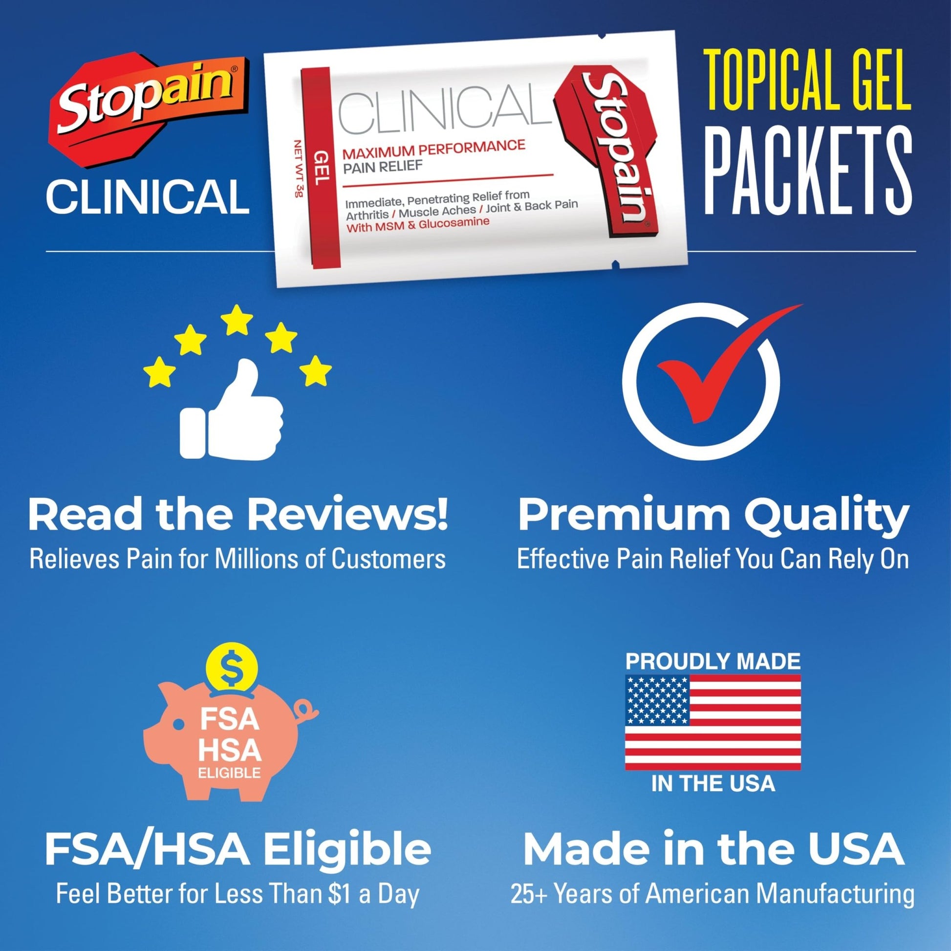Stopain Pain Relief Clinical Gel Packets, Made in USA, Maximum Performance Pain Relief with 10% Menthol Plus Glucosamine for Muscle Aches, Joint Pain, and Arthritis (100 Pack) - dailyvitalstore