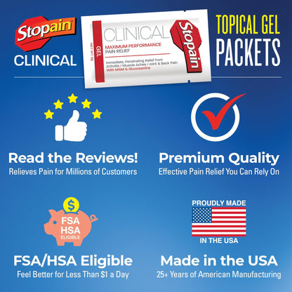 Stopain Pain Relief Clinical Gel Packets, Made in USA, Maximum Performance Pain Relief with 10% Menthol Plus Glucosamine for Muscle Aches, Joint Pain, and Arthritis (100 Pack) - dailyvitalstore