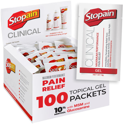 Stopain Pain Relief Clinical Gel Packets, Made in USA, Maximum Performance Pain Relief with 10% Menthol Plus Glucosamine for Muscle Aches, Joint Pain, and Arthritis (100 Pack) - dailyvitalstore